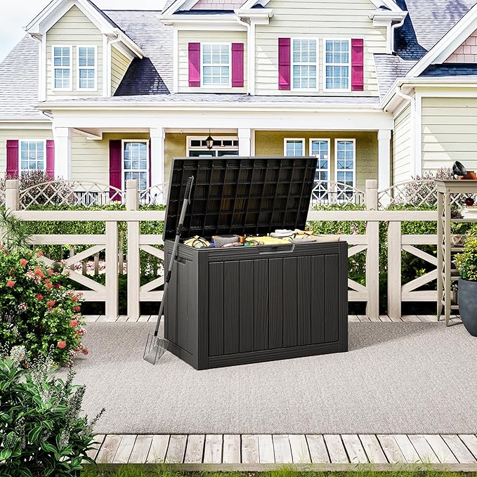 Outdoor Storage Box, 45 Gallon Resin Deck Boxes Outdoor Waterproof For Patio Furniture, Garden Tools, Pool Supplies, Lockable And UV Resistant (Striped Black)