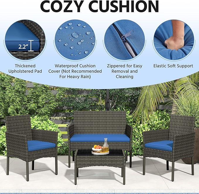 Yaheetech Patio Furniture Set 4 Pieces Conversation Sets, Rattan Chair Wicker Set Loveseat with Soft Cushion and Glass Table for Backyard Porch Garden Poolside Balcony, Gray and Dark Blue