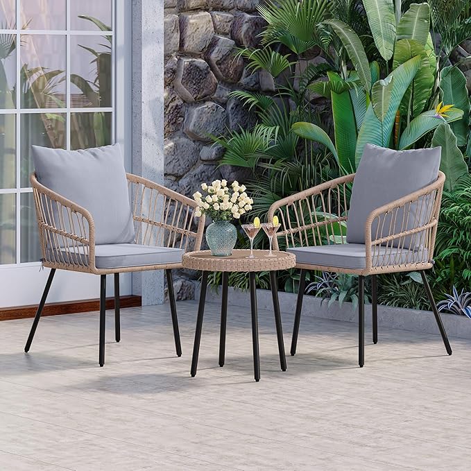 YITAHOME 3 Pieces Outdoor Bistro Set, All-Weather Wicker Patio Furniture Set, Rattan Conversation Set with Table and Chair for Balcony, Backyard, Pool, Porch, Deck - Grey