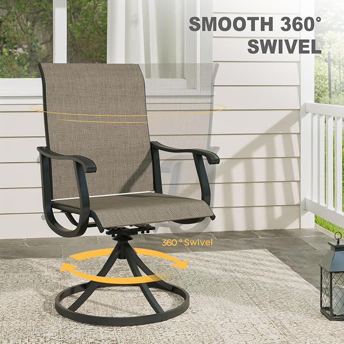 VICLLAX Patio 5 Pieces Outdoor Dining Set, 40.6" Round Metal Table with Umbrella Hole and Storage Shelf, 4 Swivel Textilene Chairs for Lawn, Garden, Porch, Walnut/Brown