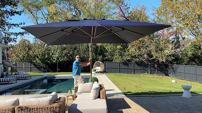 PURPLE LEAF 11FT Patio Umbrella Square Cantilever Umbrella Teak Finished Aluminum Frame Large Windproof Offset Outdoor Sun Umbrellas for Beach Pool Deck, Navy Blue