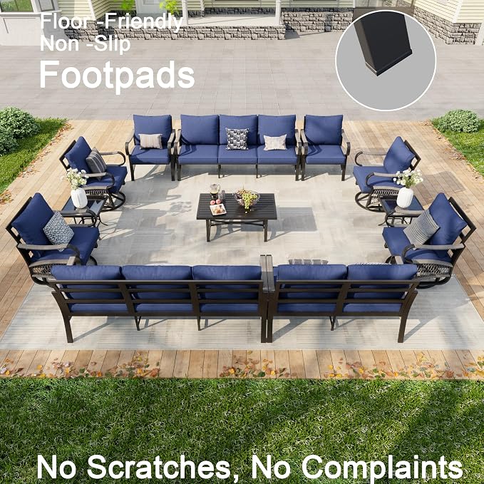 12 Pieces Patio Furniture Set, Metal Outdoor Conversation Sets with Swivel Chairs, Modern Couch Sofa Seating Group with Coffee Table and Side Table (Thick Blue Cushions)