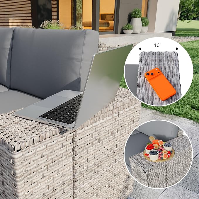 12-Piece Outdoor Patio Furniture Set, Rattan Wicker Conversation Set with Wide Armrests, Outdoor Modular Sectional Couch Seating Group Sofa for Deck Garden Porch (Gray Cushions)