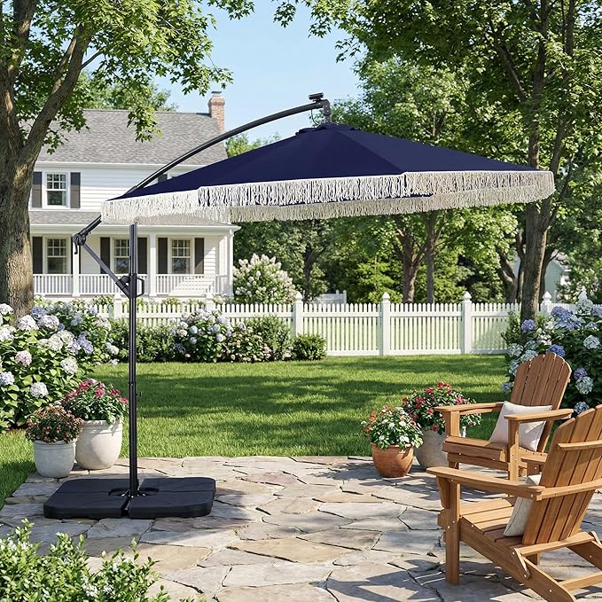 MONDAWE 10FT Cantilever Patio Umbrella with Tassels, 360° Rotation Offset Outdoor Umbrella, Heavy Duty Backyard Shade Umbrella with 180G Fabric for Patio Garden Deck