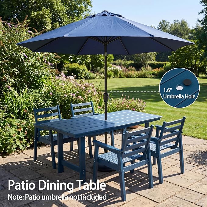 5-Piece Outdoor Dining Set, All-Weather HDPE Patio Furniture, 66.5" Slatted Table with 1.6" Umbrella Hole & 4 Ergonomic Armchairs, Heavy Duty 350lbs Capacity, UV Resistant, Blue