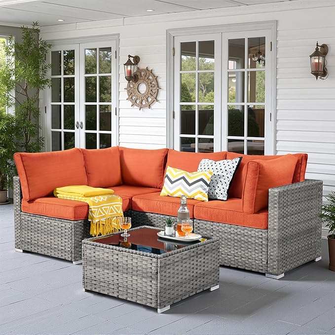 5 PCS Outdoor Patio Furniture Sets,Wicker Weather Resistant Patio Conversation Set with Comfy Cushions,Modular L Shaped Sofa with Coffee Table for Yard Backyard Porch Garden Poolside,Orange Red