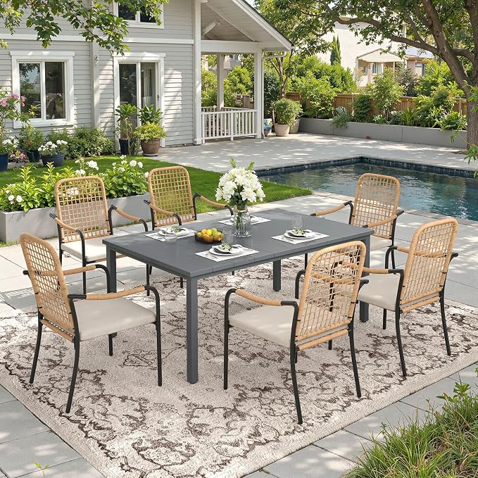 DIFY 7 Pieces Outdoor Dining Set, Metal Patio Table and Chairs Set for 6, 63" Rectangle Dining Table with Umbrella Hole & Wicker Stackable Patio Chairs with Cushions, Grey Tabletop