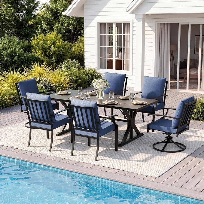 7 Pieces Patio Dining Set Outdoor Conversation Set,Metal Outdoor Furniture Set with Umbrella Hole Cut-Out 78.7" x 35.4" Table and 8 Metal Chairs for Backyard,Garden,Navy