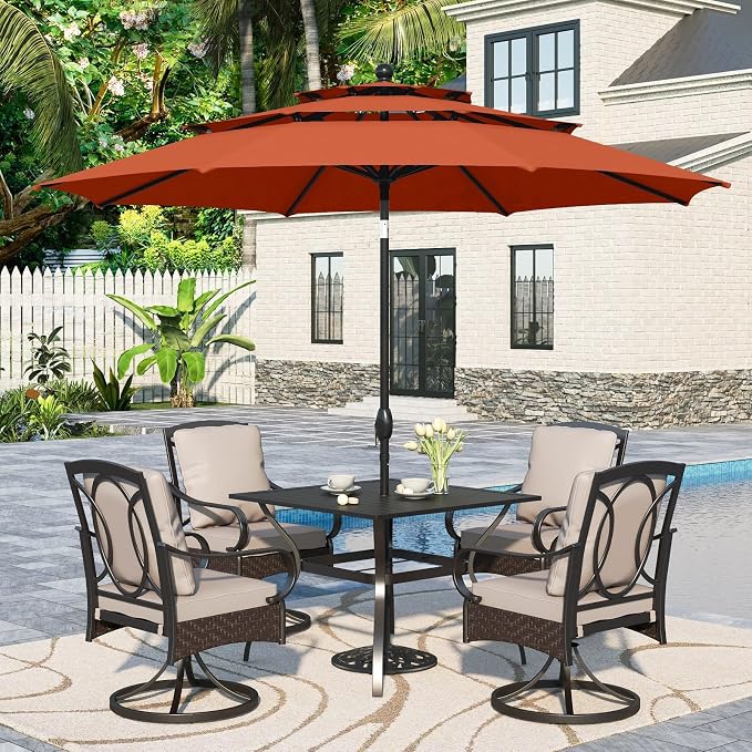Sophia & William Outdoor Dining Set with Umbrella 6 Piece Patio Set for 4 with 10ft Patio Red Umbrella, 4 x Swivel Patio Chairs, 1 Square Table for Lawn Garden