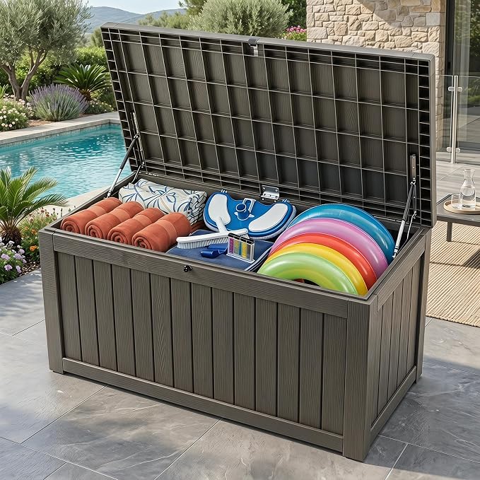 Large 258 Gallon Resin Deck Box, Heavy Duty Lockable Patio Storage Box Outdoor, Waterproof Tool Box for Garden Furniture Cushions & Pool Supplies, Wood Grain Outdoor Storage Bench for Backyard