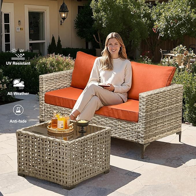 Outdoor Patio Furniture Sets,11 PCS Patio Conversation Set Outside Rattan Sectional Sofa with 54 in Fire Pit Table Wicker Rocking Chair Coffee Table Fit Backyard Porch Garden Poolside Balcony