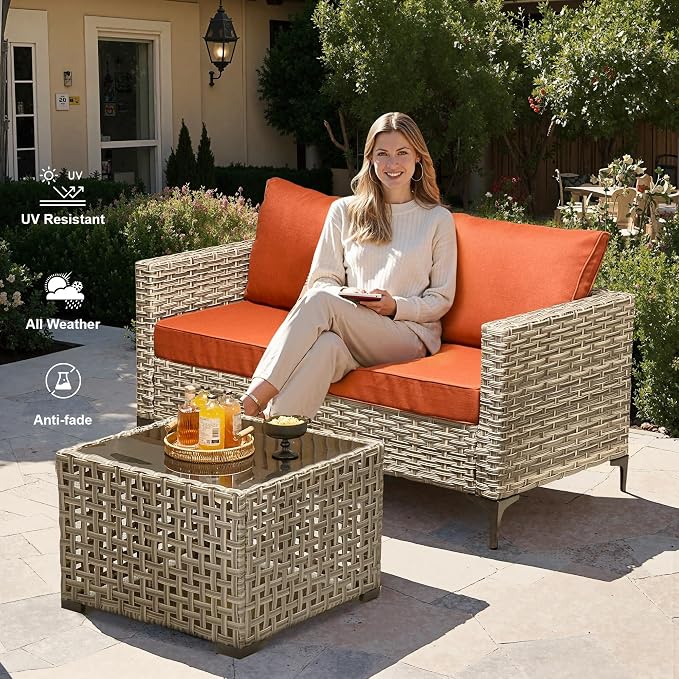 Outdoor Patio Furniture Sets,9 PCS Patio Conversation Set Outside Rattan Sectional Sofa with 42 in Fire Pit Table Wicker Rocking Chair Coffee Table Fit Backyard Porch Garden Poolside Balcony