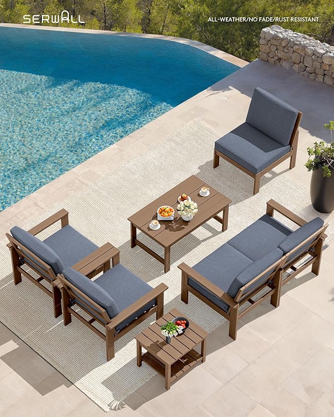 SERWALL HDPE Patio Furniture Set, 7-piece Outdoor Sectional Sofa Set, All Weather Outdoor Couch Set for Deck, Lawn, Brown Frame with Grey Cushion