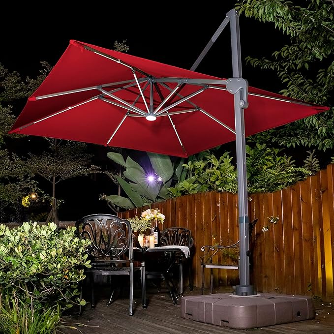 Sunnyglade 10x10ft Solar Powered LED Cantilever Patio Umbrella Square Deluxe Offset Umbrella 360°Rotation & Integrated Tilting System & LED lights for Market Garden Deck Pool Backyard Patio