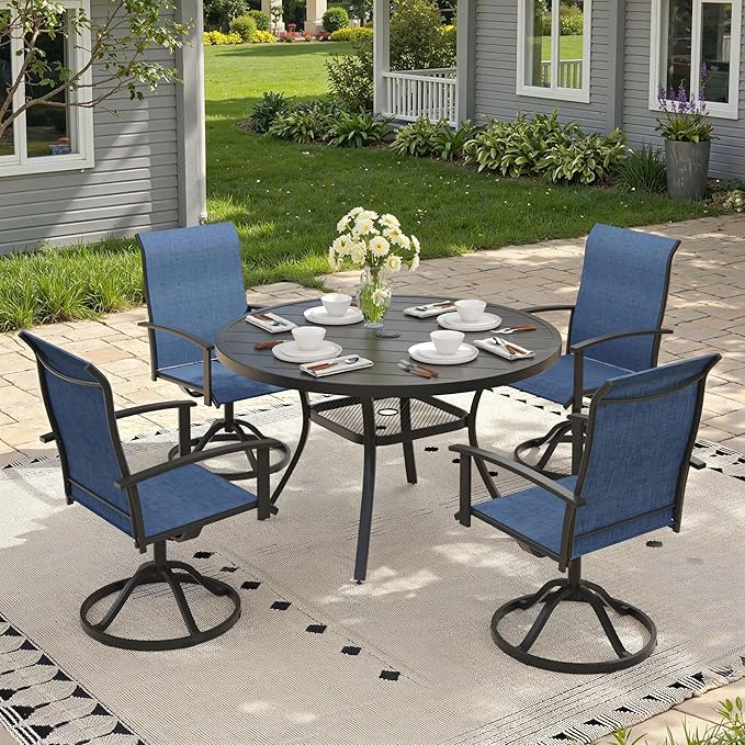 5 Pieces Round Patio Dining Set, Outdoor Furniture of 40.6" Round Patio Table and Patio Swivel Chairs for Backyard Lawn Garden, Black Table and Dark Blue Chairs
