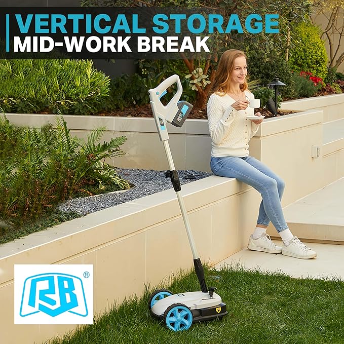 RB 40V 9" Mini Cordless Lawn Mower with Battery & Charger for Small Yards | Ultra-light with brushless motor. 3 cutting heights. One-hand steering. Upright storage for tiny spaces, small lawns, patios.