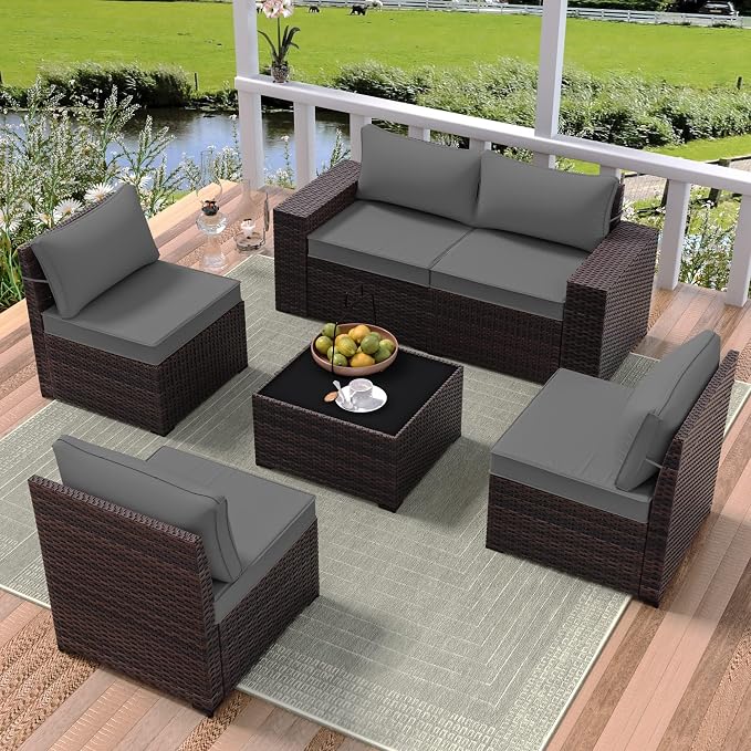 8 PCS Outdoor Patio Furniture Set,Outdoor Sectional Furniture All Weather PE Rattan Wicker Patio Conversation Set with 2 Ottomans and Coffee Table,Grey