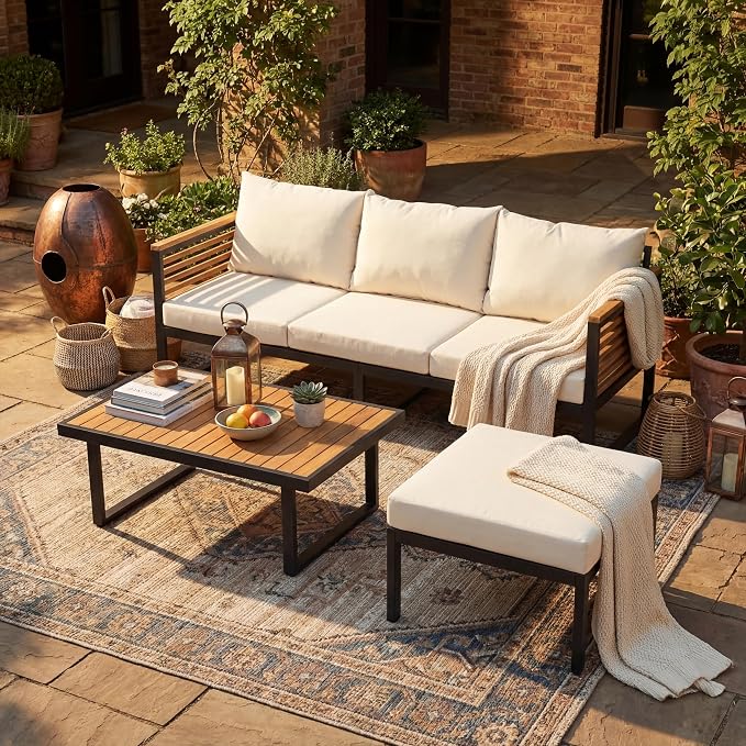 Virubi 3-piece Acacia Wood and Metal Outdoor Sofa Set, Industrial Aesthetic, Water-Repellent Upholstery, 3-Seater with Ottoman & Coffee Table