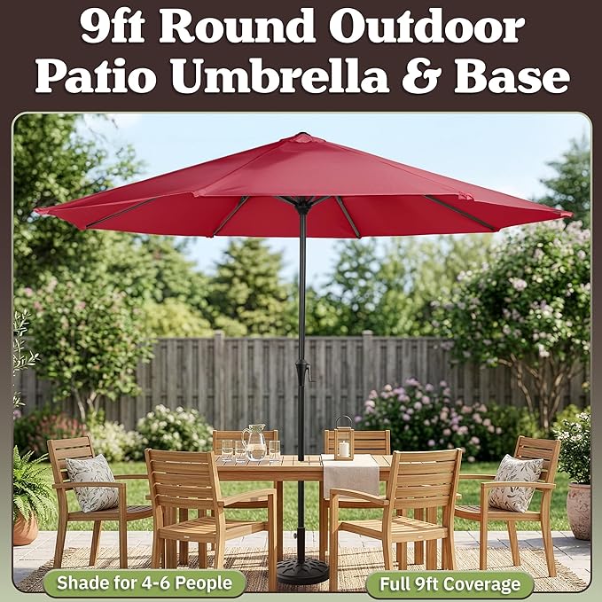 Pure Garden 9FT Round Patio Umbrella with 19lb Weighted Base - Easy Crank, Vented Canopy Outdoor Umbrella for Shade - for Deck, Balcony, Porch, Backyard, or Pool (Maroon Red)