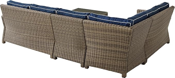 Crosley Furniture Bradenton 5-Piece Outdoor Sectional Sofa Wicker Conversation Patio Furniture Set for Deck, Brown with Navy Cushions