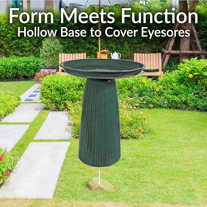 Sunnydaze Gleeful Garden 23" Iron Pedestal Bird Bath for Outside - Modern Shallow Basin Birdbath for Outdoors with UV-Protected Rust-Resistant Finish for Patio, Garden, Yard Decor - Green Glaze