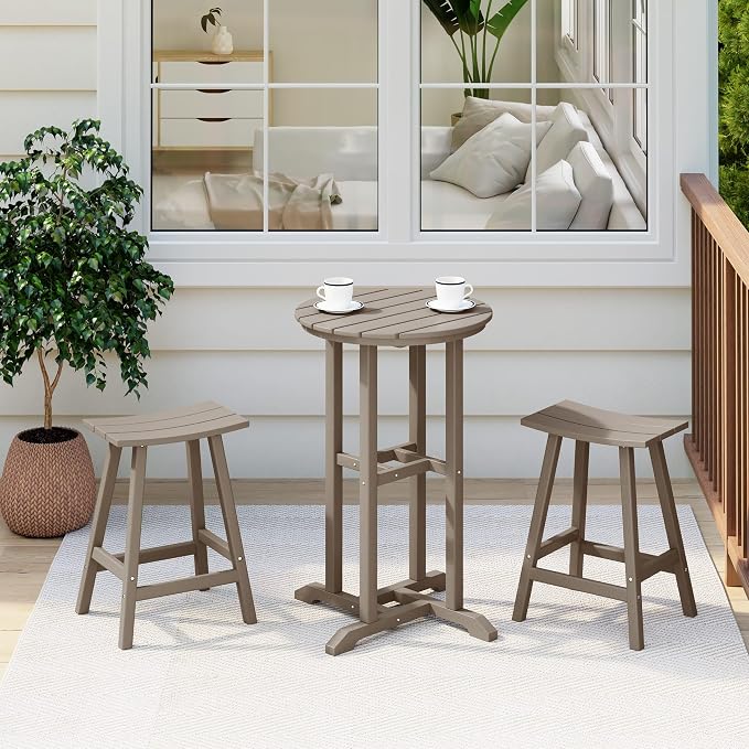 Costaelm Outdoor Bar Table, 37" Counter Height Round Patio Cocktail Bar Table, Patio Bar Table 3-Pieces Set Bistro Dining Table Pub Table for Deck, Backyard, Garden, Weathered Wood