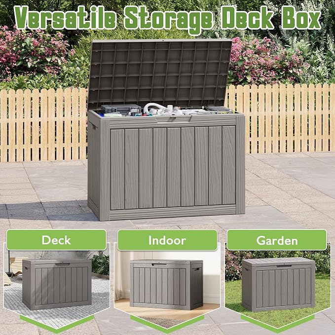 KAMABOKO 50 Gallon Outdoor Storage Box, All-Weather Resin Deck Box Outdoor Waterproof with Lockable Lid for Patio Cushions, Package Deliveries, Garden Tools, Pool Supplies, Grey