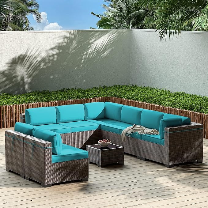 Gotland 9 Pieces Patio Furniture Set with 29.5'' High Backrest, All Weather PE Wicker Outdoor Furniture with 4’’ Thickened Cushions Coffee Table, Patio Set for Deck, Garden, Backyard, Blue