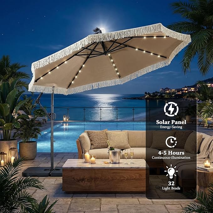 MONDAWE 10FT Cantilever Patio Umbrella with Tassels, 360° Rotation Offset Outdoor Umbrella, Heavy Duty Backyard Shade Umbrella with 180G Fabric for Patio Garden Deck