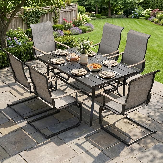 NUU GARDEN 7-Piece Patio Table and Chair Set, Grayish Brown Spring Chairs | All-weather dining table with umbrella hole, 6 padded textilene C-spring motion chairs with wood-grain armrests