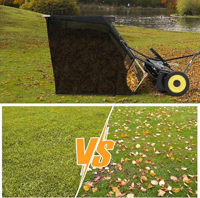 Garvee 50 Inch Lawn Sweeper Tow Behind, 26 cu.ft. Large Pull Behind Grass Sweeper, Heavy Duty Leaf & Grass Collector with Dumping Rope Design, Adjustable Sweeping Height for Picking Up Debris & Grass