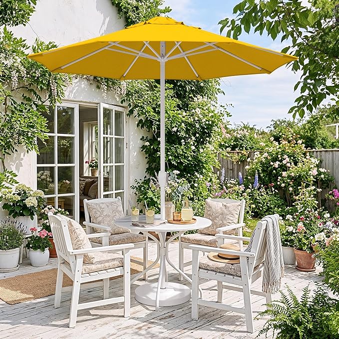 California Umbrella 8-Year Protection 7.5 Ft Outdoor Patio Umbrella, Solstice Fade-Resistant Fabric, Auto-Tilt, Heavy Duty Aluminum Frame, 8 Reinforced Ribs for Pool or Deck, White Pole, Lemon