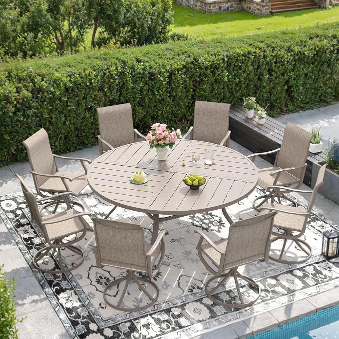 DIFY Patio Table and Chairs Set for 8, 9 Piece Outdoor Dining Set Includes 59.8" Round Metal Dining Table with Umbrella Hole and 8 Textilene Swivel Patio Chairs, for Garden Backyard Deck, Sandshell