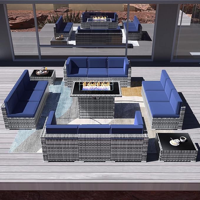 15 Pieces Patio Furniture Set with 44" Propane Gas Fire Pit Table, Outdoor Sectional Wicker Conversation Sofa Sets with Coffee Table