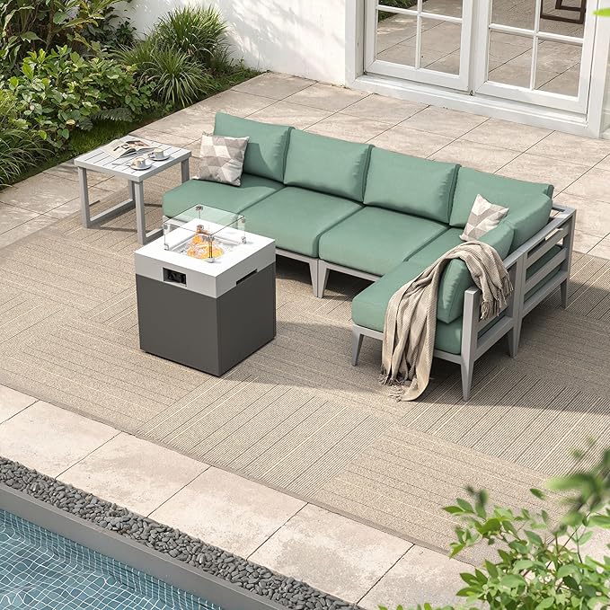 Modern 7-Piece Aluminum Patio Furniture Set with Fire Pit Table, Oversized Outdoor Sectional Sofa with Corner Seat, All-Weather Conversation Set for Deck, Garden, Backyard-White