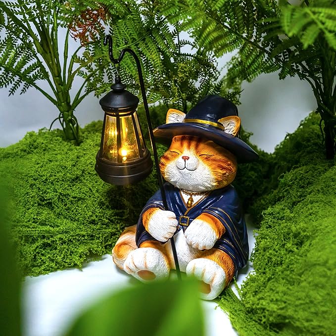 Decorative Solar Lights Garden Cat Statue Outdoor Figurine Light Themed Wizard Cat Lantern for Garden Decoration Outdoor Decor
