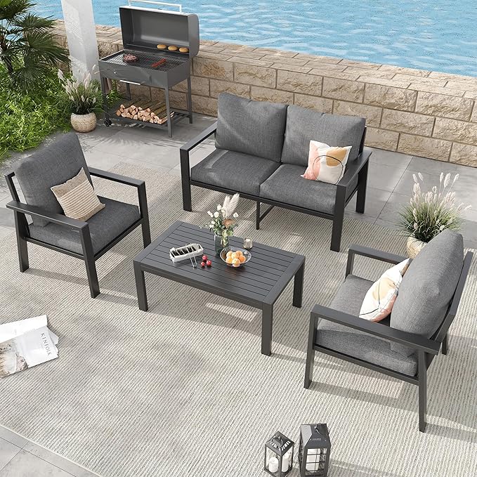 4-Piece Aluminum Outdoor Patio Furniture Sets All-Weather Patio Conversation Set Sectional Sofa with Coffee Table & Cushions with Removable Covers for for Deck Backyard Garden Poolside Balcony Porch