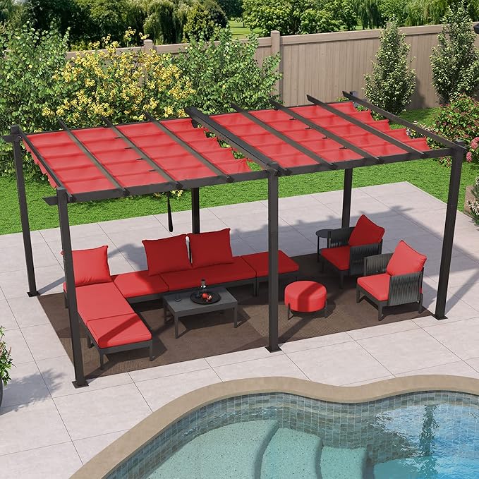 PURPLE LEAF 10' X 18' Outdoor Pergola with Retractable Canopy Aluminum Shelter for Porch Garden Sun Shade Beach Pavilion Grape Trellis Grill Gazebo Modern Backyard Deck Metal Patio Pergola Terra