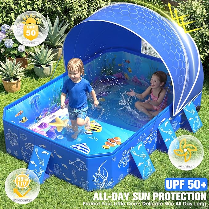 FizZeal Kiddie Pool with Canopy,Baby Swimming Pool for Toddler,Non-Inflatable Portable Pool for Kid,Foldable Toddler Pool with Shade,Kids Pool for Backyard.Outdoor Pop Up Kiddie Beach Pool 50"x37"x30'