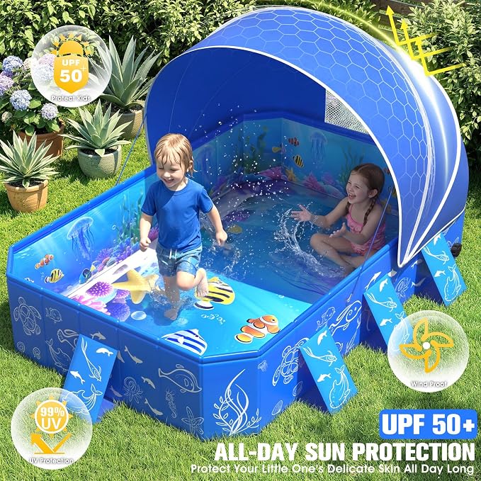 FizZeal Kiddie Pool with Canopy,Baby Swimming Pool for Toddler,Non-Inflatable Portable Pool for Kid,Foldable Toddler Pool with Shade,Kids Pool for Backyard.Outdoor Pop Up Kiddie Beach Pool 53"x40"x33'