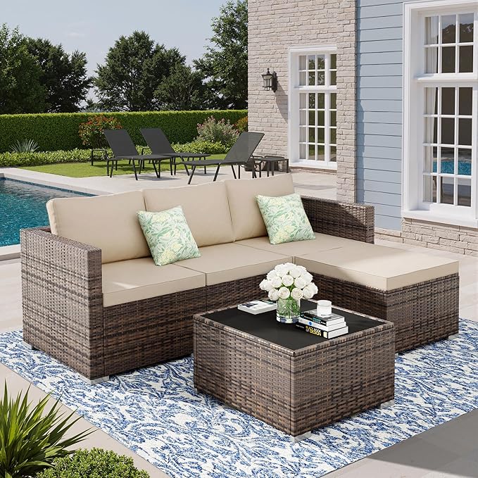 5 Piece Patio Furniture Sets, All-Weather PE Rattan Wicker Outdoor Sectional Sofa with Cushions and Glass Table for Garden Backyard Poolside