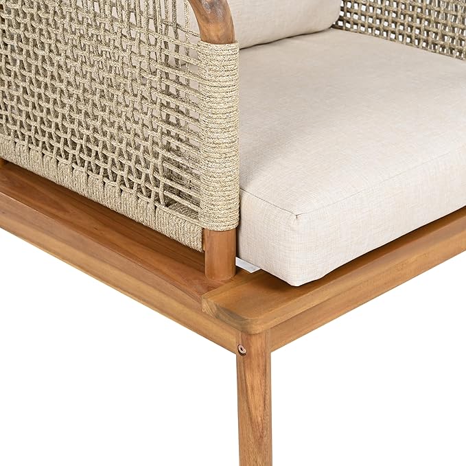 Merax MP2 Outdoor Club Chairs, Acacia Wood & Rope Weave with Water-Repellent Cushions, Patio Conversation Chairs for Garden & Balcony