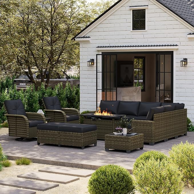 LazySunsets Luxury Patio Furniture Set with Fire Pit Table, All-Weather Patio Sectional Sofas with Thickened Cushions, 13 Piece Outdoor Furniture Set with Swivel Rocker Chairs & Ottomans, Black