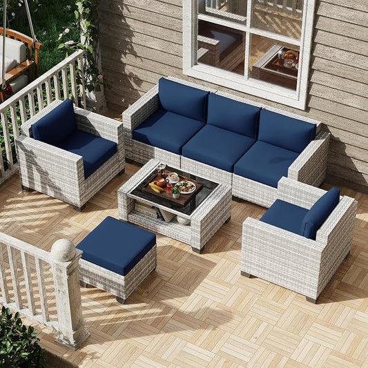 KIGOTY Patio Furniture Set 7 PCS Patio Conversation Sets, All-Weather PE Rattan Outdoor Sectional Sofa with Cushion and 2- Tier Glass Coffee Table（Grey White/Dark Blue）