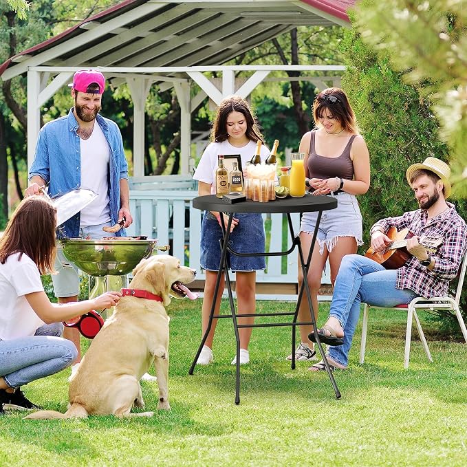 Bonnlo 32" Cocktail Table High Top Table, Folding Round Table Bar Height, HDPE Matrial with Gray Metal Finish for Outdoor Party, Backyard, Dining Room, Wedding Event,Black- 4PCS