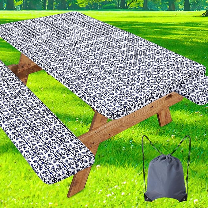 misaya Picnic Table Cover with Bench Cover, Waterproof Elastic Fitted Tablecloth for 5 Foot Tables, Rectangle Washable Polyester Tablecloths for Picnic, Camping, Outdoor (Navy, 30" x 60")