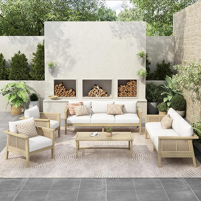 Christopher Knight Home Teras 8-Seater Patio Furniture Set with Removable Cushion, 5 Piece Outdoor Acacia Wood Conversation Set, Sold Wood Outdoor Sectional Sofa Set with Coffee Table,Light Teak+Cream