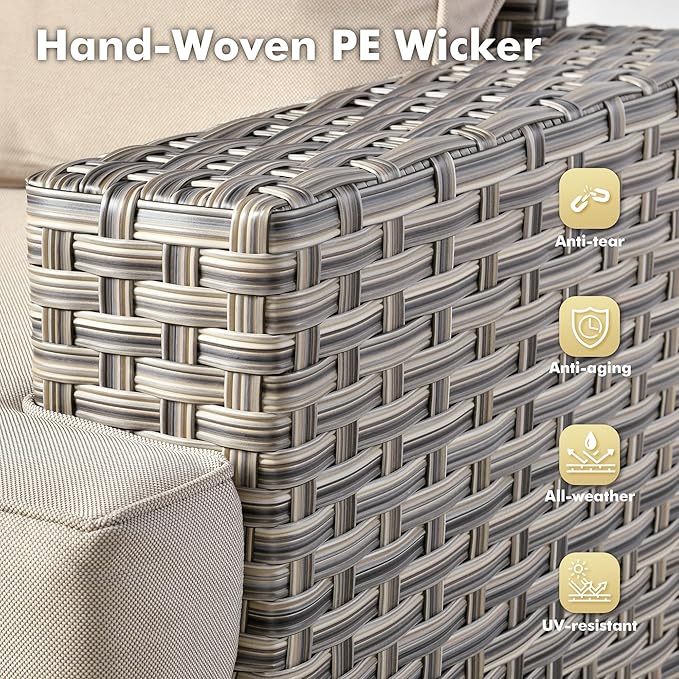 Weaxty 9 Pieces Patio Furniture Set, Outdoor Sectional Furniture Sofa Set w/Swivel Rocking Chairs Coffee Table, PE Wicker Modular Couch Conversation Set for Backyard Garden,Beige