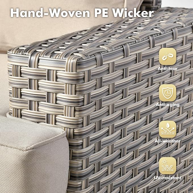 Weaxty 8 Pieces Outdoor Furniture Set, Patio Sectional Sofa Wide Seats Couch Chair with Ottoman Solar Table, Thick Cushion All-Weather Rattan Patio Conversation Sets for Backyard Porch Deck, Beige