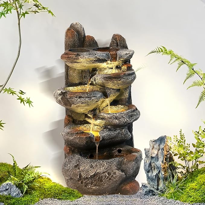 MAGIC UNION 6-Tier Cascading Rock Water Fountain, 27" H Outdoor Freestanding Rockery Fountain with LED Light and Pump, Outdoor Garden Waterfall Decor for Patio, Yard and Deck Decor, Natural Stone Look